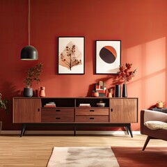 a modern Living room with a walnut buffet against a red wall aesthetic no photo frames behind it professional photography
