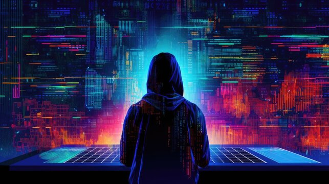 Anonymous hacker with abstract code background. Generative AI