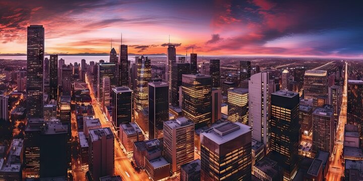 City in golden glow. Striking sunset cityscape with modern architecture. Captivating with a beautiful skyline towering buildings