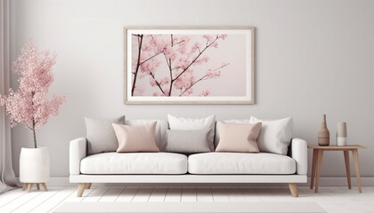 Modern Spring Scandinavian Living Room Interior, Wooden picture frame, Poster Mockup. Sofa with linen pale pink striped cushions, Cherry Plum blossoms in a vase, Elegant stylish minimal home decor,