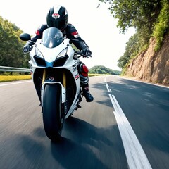 Obraz premium photo of man riding a bike on road, Generative AI