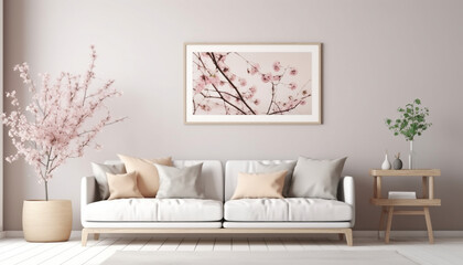 Fototapeta na wymiar Modern Spring Scandinavian Living Room Interior, Wooden picture frame, Poster Mockup. Sofa with linen pale pink striped cushions, Cherry Plum blossoms in a vase, Elegant stylish minimal home decor,