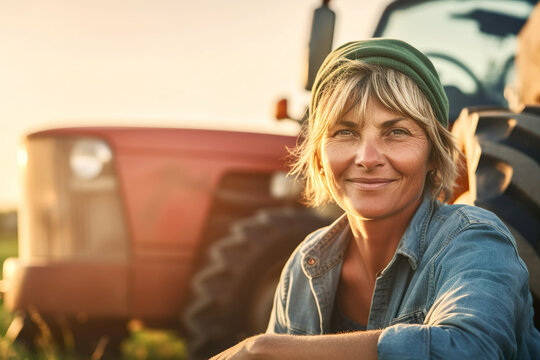Illustration of mature woman working on field as farmer