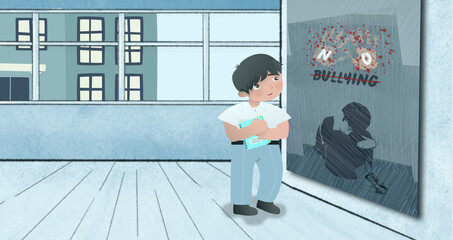 Fototapeta premium a boy is standing and looking at a large poster about anti-bullying in a common area of ​​the school, cartoon