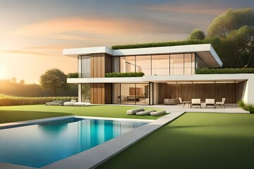 Modern house exterior with lawn grass and pool. Generative AI.