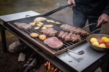 sages meat and potatoes cooking on an outdoor griddle