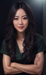 beautiful asian woman at apartment condominium night time, generative AI