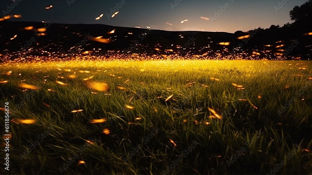 Poster a field of grass with a sky in the background and a light shining on the grass in the middle of the 