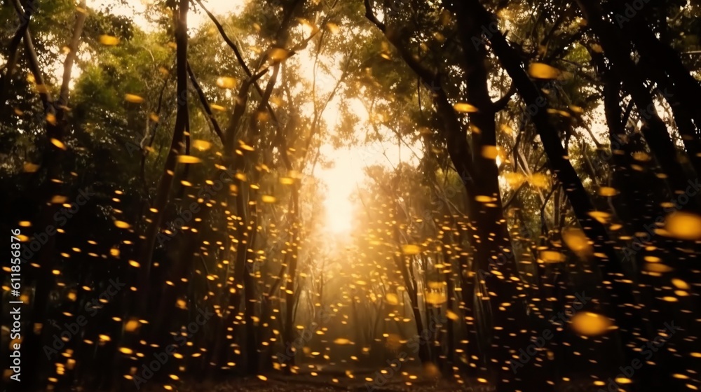 Poster the sun shines through the trees in the forest as rain drops are falling on the ground and the trees