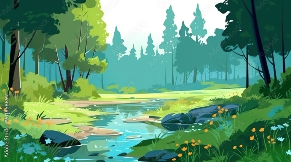 Poster a painting of a river running through a forest filled with trees and flowers, with a stream running 