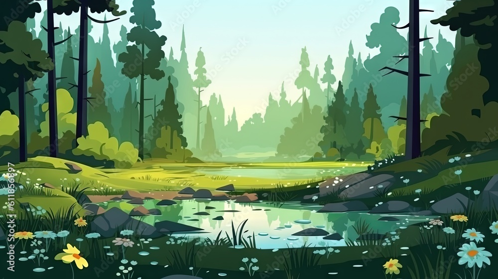 Poster a painting of a forest scene with a stream and flowers in the foreground and a pond in the middle of