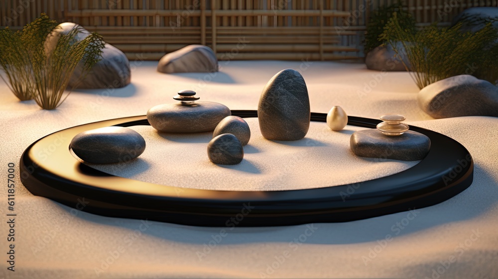 Poster a group of rocks sitting on top of a white tablecloth covered ground next to a bamboo fence and a ba