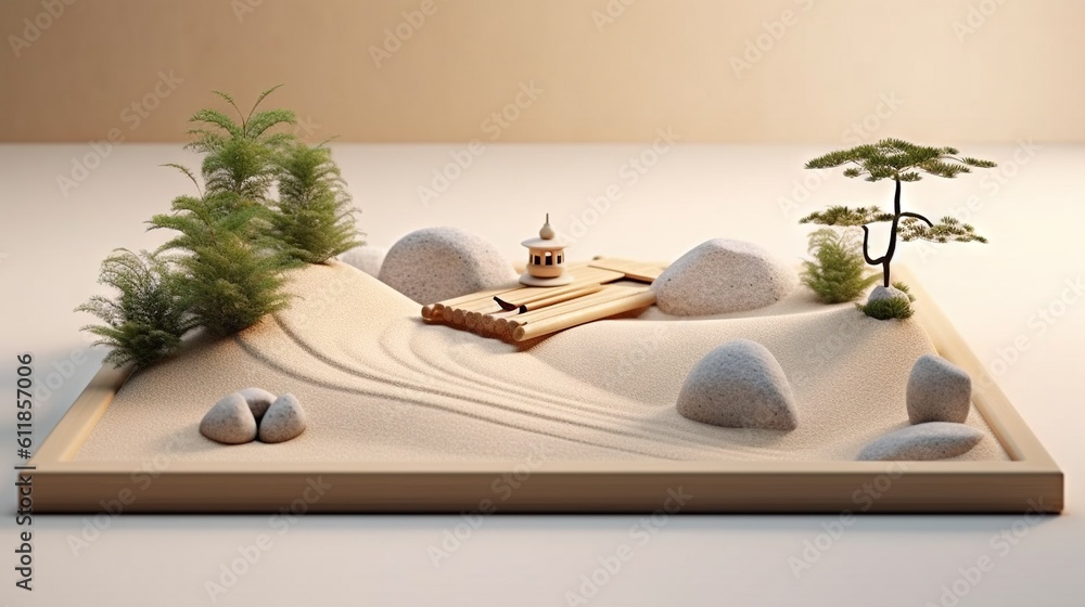 Poster a small model of a mountain with rocks and a small tree on top of the rock and grass on the other si