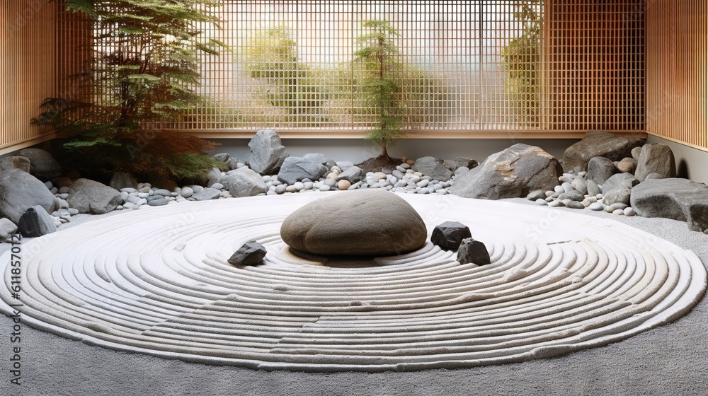 Poster a large rock sits in a circular arrangement of rocks in a room with a bamboo screen and a bamboo tre