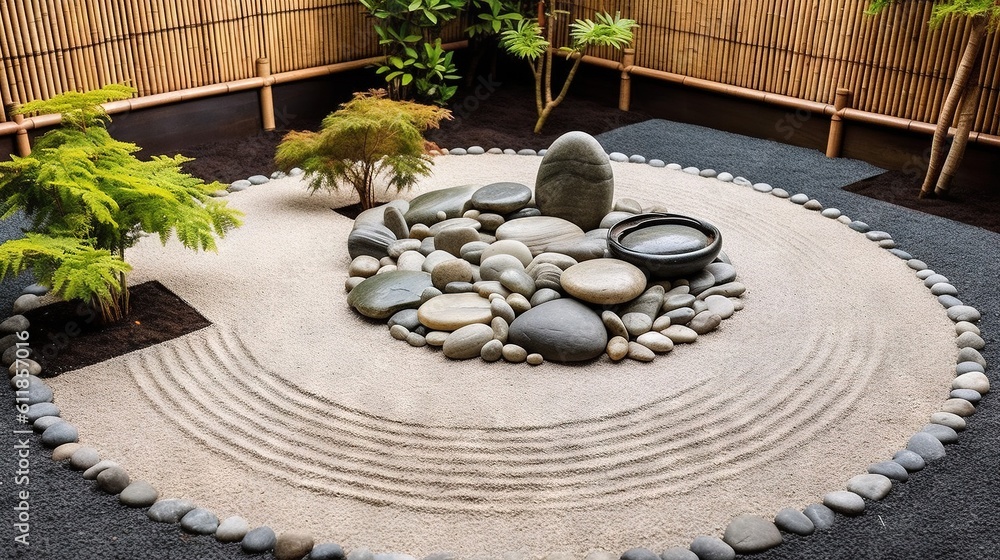 Poster a rock garden with a circular design in the middle of the ground and a bamboo fence behind it and a 