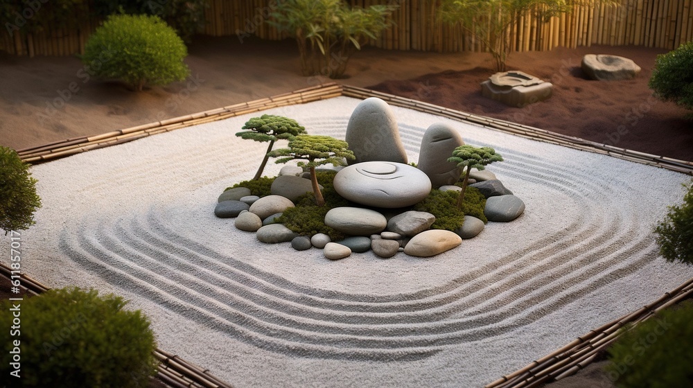 Poster a garden with rocks and trees in the middle of the ground and a rock garden in the middle of the gro