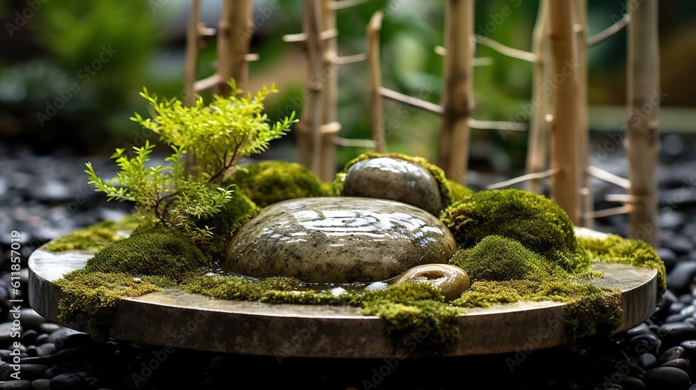 Poster a moss covered rock sitting on top of a rock covered in rocks and moss next to a small pine tree in 