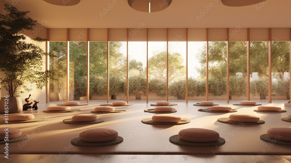 Poster a room with a lot of pillows on the floor and a lot of trees in the back of the room and a lot of wi