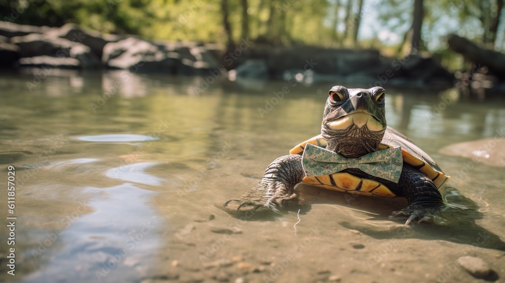 Poster a turtle with a bow tie sitting in a body of water with rocks and trees in the backgrouds of the wat