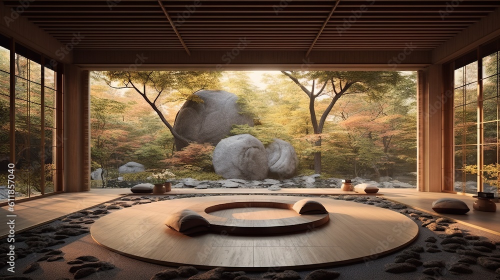 Poster a room with a large painting on the wall and a large stone sculpture in the center of the room with 