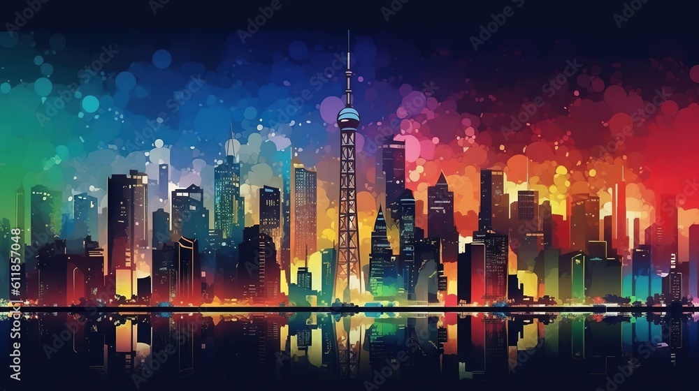 Poster a colorful city skyline with a reflection of the water in the foreground and a reflection of the sky