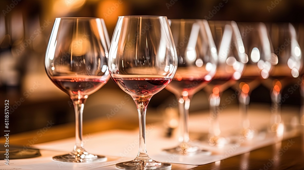 Poster a row of wine glasses sitting on top of a table next to each other on a table top with wine glasses 