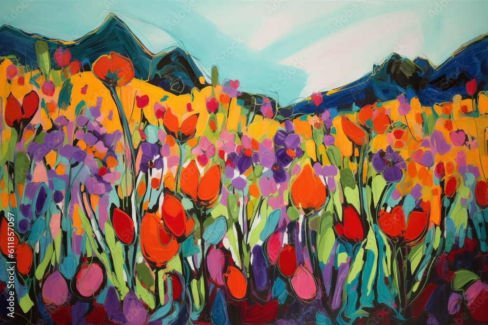 Poster a painting of a field of flowers with mountains in the background and a blue sky in the background w
