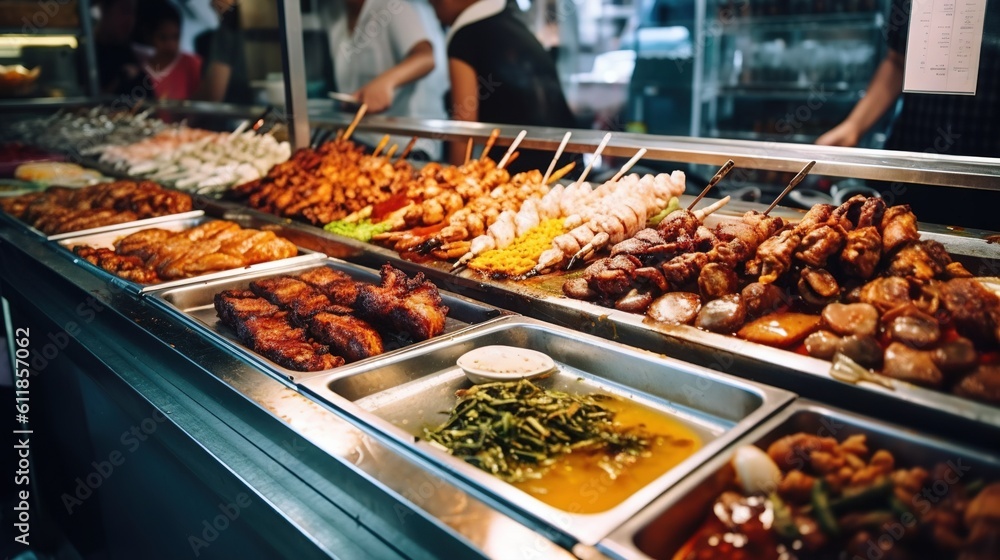 Poster a variety of food is on display in a buffet line at a restaurant or bar with people in the backgroun