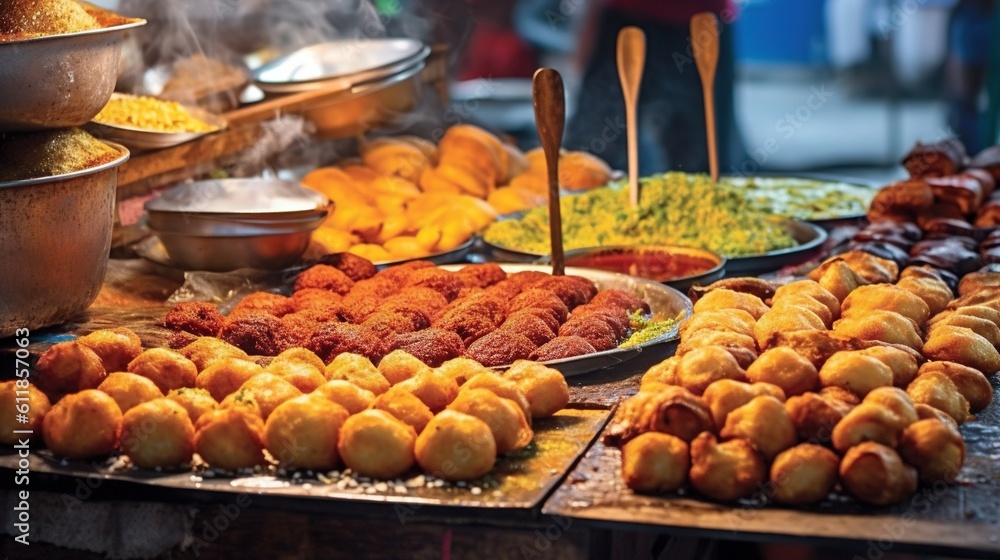 Poster  a variety of food is being displayed on a table with spoons and bowls of food on the side of the table, and on top of the table is a variety of different types of food.  generative ai