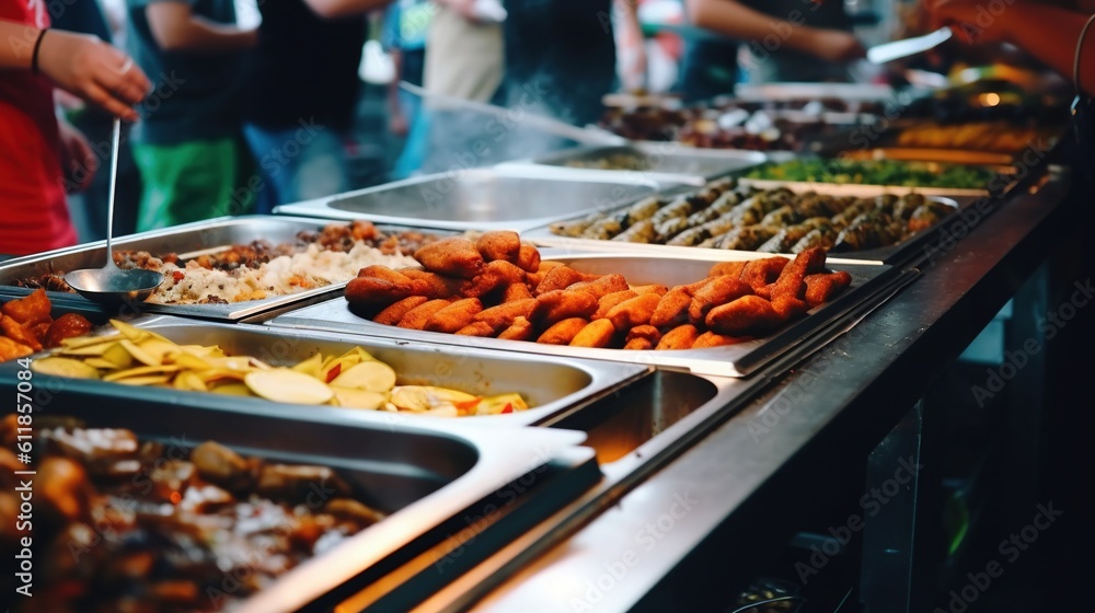 Poster a buffet line with many different types of food on it's trays and people standing around the buffet 