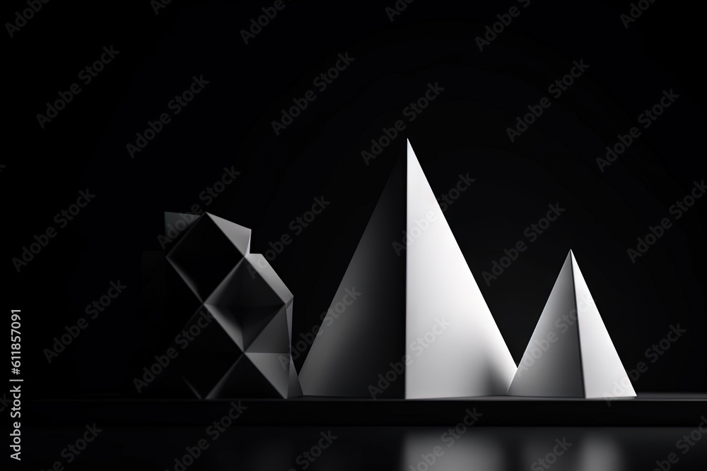Poster a black and white photo of a group of three pyramids in the dark with a reflection on the floor belo