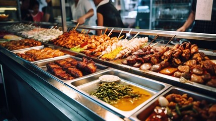  a variety of food is on display in a buffet line at a restaurant or bar with people in the background looking at them through the glass.  generative ai - obrazy, fototapety, plakaty