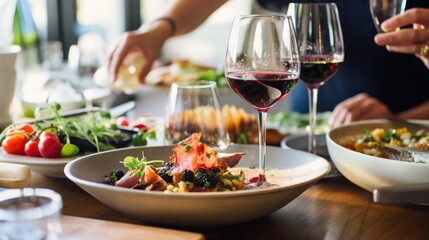  a table topped with plates of food and glasses of wine next to a bowl of salad and a glass of wine on top of a table.  generative ai