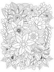 Doodle beautiful flowers art for adult coloring book. Black and white flower pattern for coloring. Doodle floral drawing.  For adults and kids