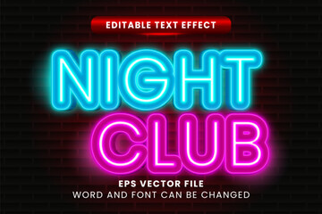 Neon night club editable vector text effect