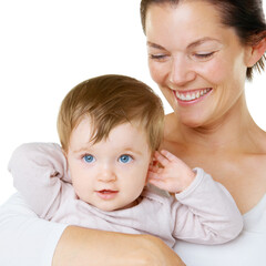 Happy, love and mother with baby, hug and smile in studio, cheerful and enjoying motherhood against a white background. Face, children and parent with little boy, hugging and bonding while isolated