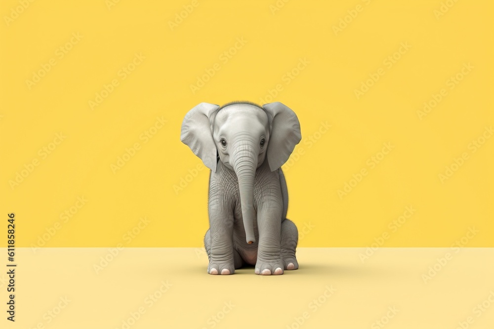 Poster a small elephant standing in front of a yellow wall with a shadow on the ground and a yellow backgro