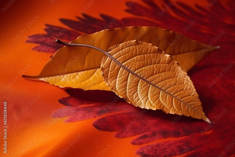 Poster a single leaf laying on top of a red and orange cloth with a red background and a yellow and orange 