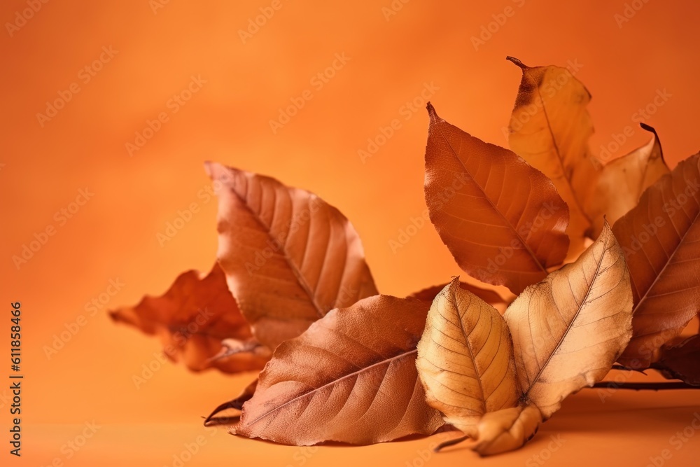 Poster a group of leaves laying on top of each other on a yellow surface with a light orange back ground in
