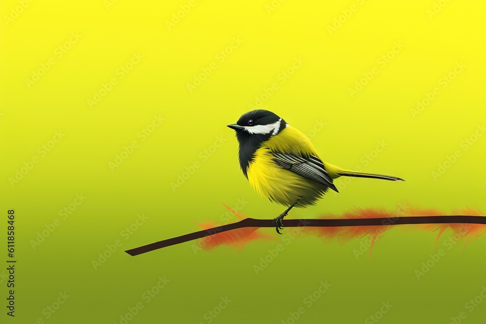 Poster a bird sitting on a branch with a yellow background and a green back ground with a yellow back groun