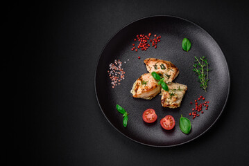 Delicious juicy chicken, turkey skewers with salt, spices and herbs