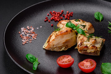 Delicious juicy chicken, turkey skewers with salt, spices and herbs
