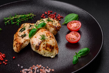 Delicious juicy chicken, turkey skewers with salt, spices and herbs