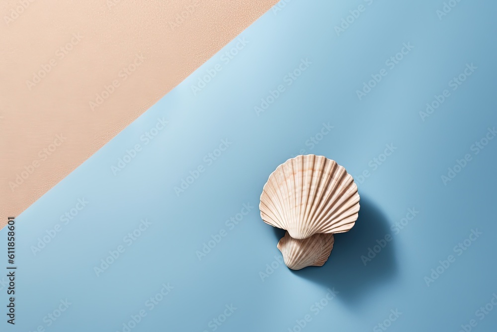 Poster a seashell on a blue and pink background with a shadow of a sea shell on the left side of the image 