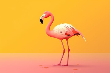 Fototapeta na wymiar a pink flamingo standing in front of a yellow background with footprints on the ground and a yellow background with footprints on the ground and a yellow background. generative ai