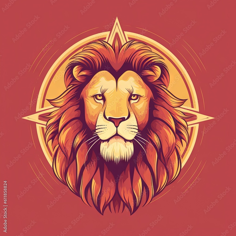Poster a lion's head with a star in the middle of it's forehead and a red background with a yellow circle a