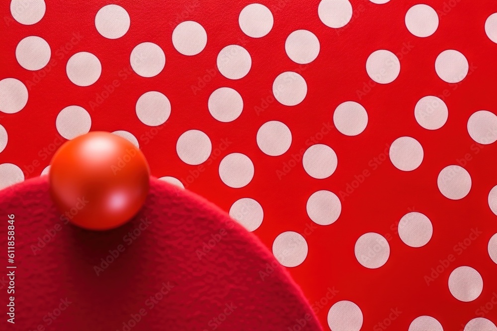 Poster a red and white polka dot pattern with a tomato on it's side and a red hat on the other side with a 