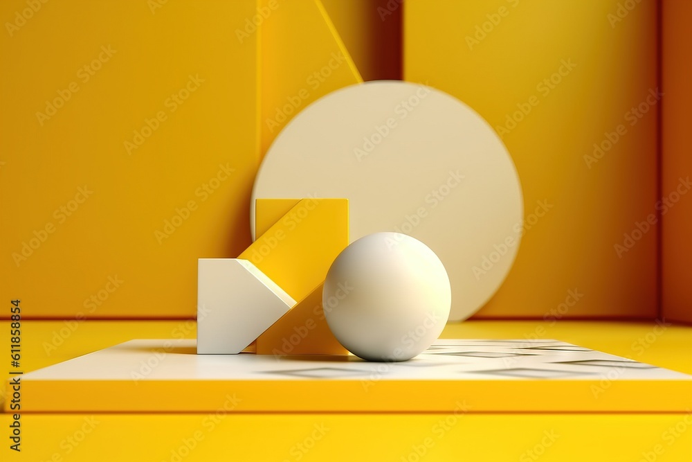 Poster a white ball sitting on top of a yellow surface next to a white object on a yellow surface next to a