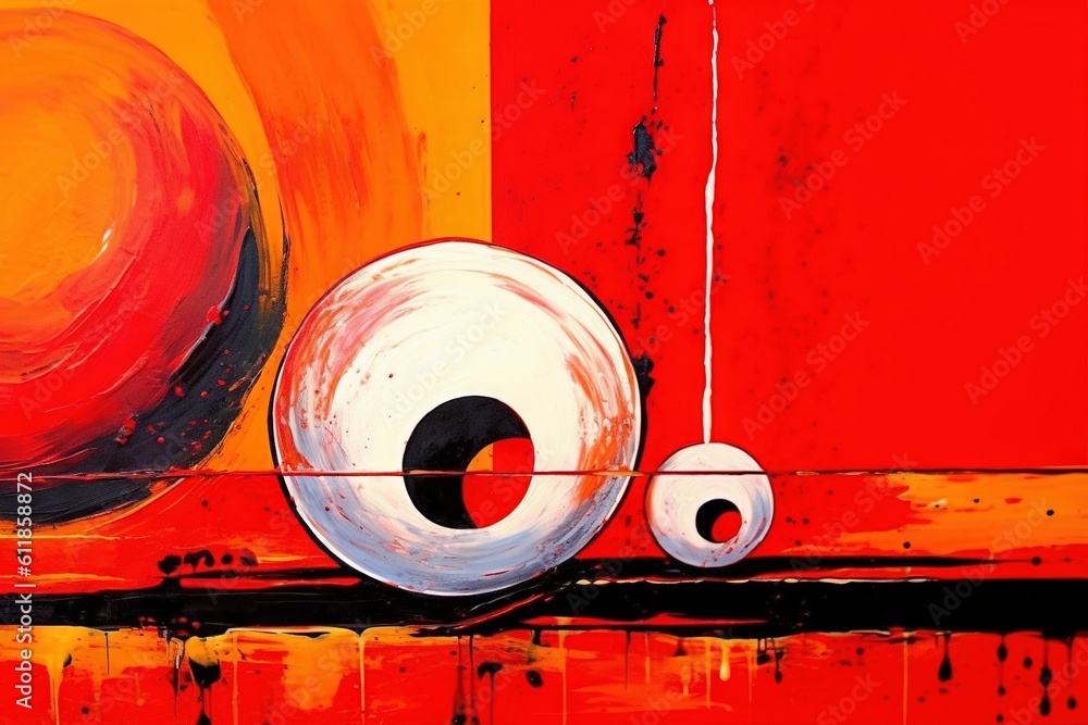 Poster a painting of a red, yellow, and black background with a white object on the bottom of the painting 