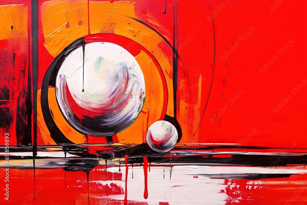 Poster a painting of a red and orange circle with a white ball in the middle of it and a black and white ci